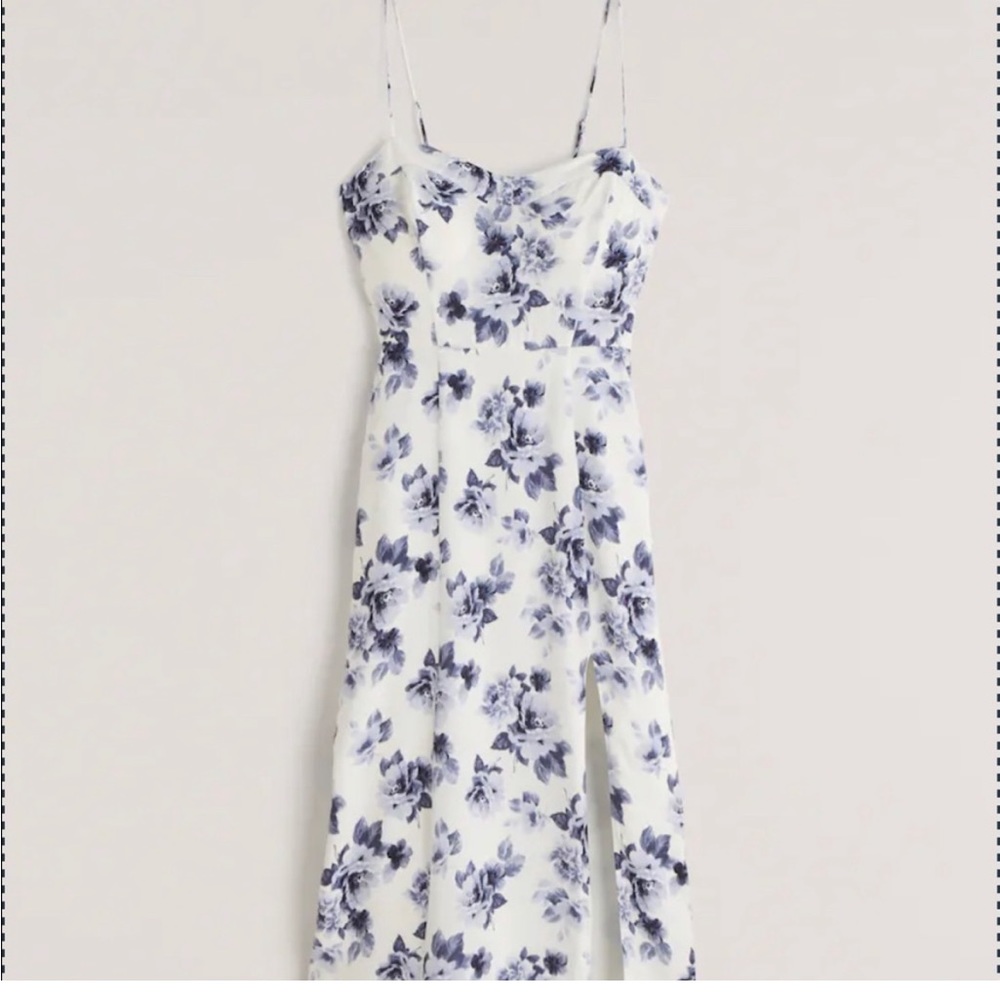 Blue and white floral midi slit dress